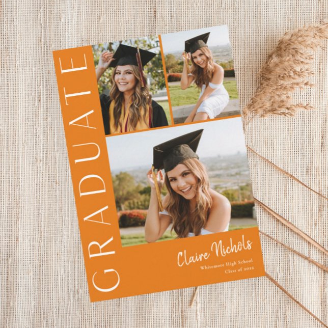 Modern Vertical 3 Photo Collage Graduation Invitation (Orange Modern Typography 3 Photo Graduation Invitations.)