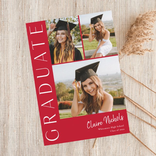 Modern Vertical 3 Photo Collage Graduation Invitation (Red and White Modern Typography 3 Photo Graduation Invitations.)