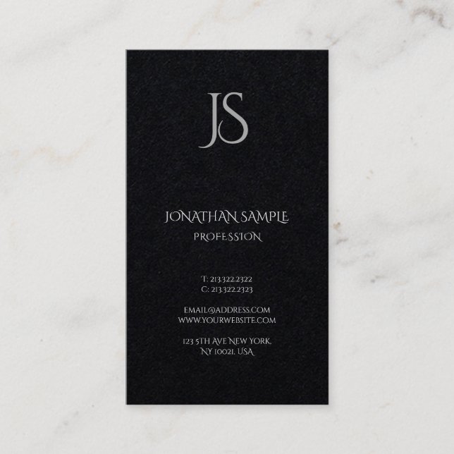 Modern Vertical Artistic Monogram Premium Black Business Card (Front)