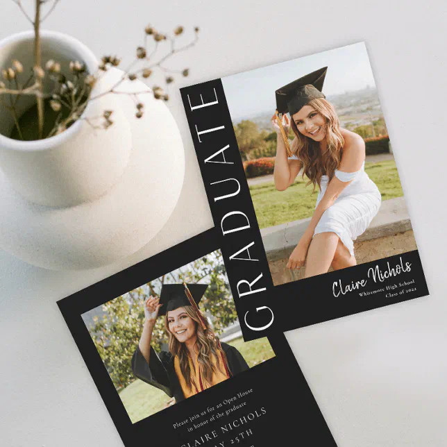 Modern Vertical Black and White Photo Graduation Invitation | Zazzle
