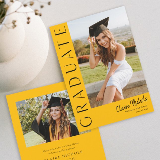 Modern Vertical Photo Graduation Invitation (Modern Gold and Black Photo Graduation Invitation.)