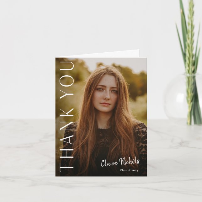 Modern Vertical Photo Graduation Thank You Note Card (Front)
