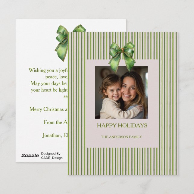 Modern Vertical Stripes Green Bow Holiday Postcard (Front/Back)