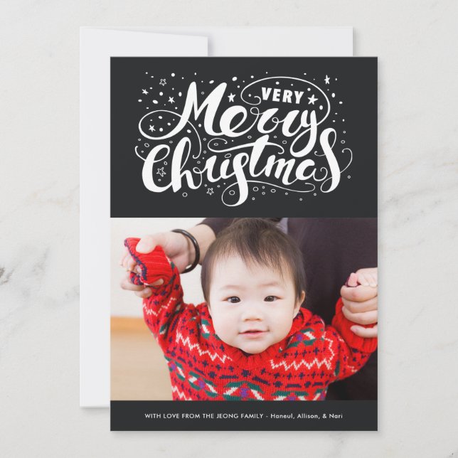 Modern Very Merry Christmas Typography Black Holiday Card (Front)