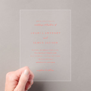 Modern Vibrant Coral Simple Wedding Acrylic Invitations