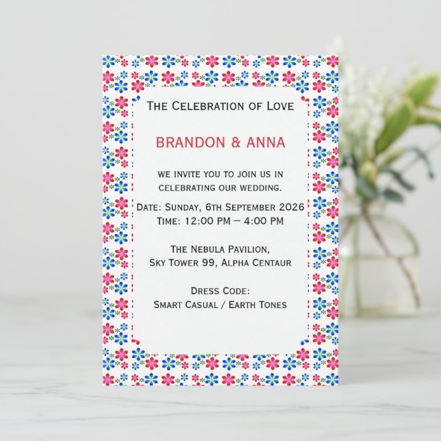 Modern Vibrant Flower Power Wedding Pattern,  Invitation (Standing Front)
