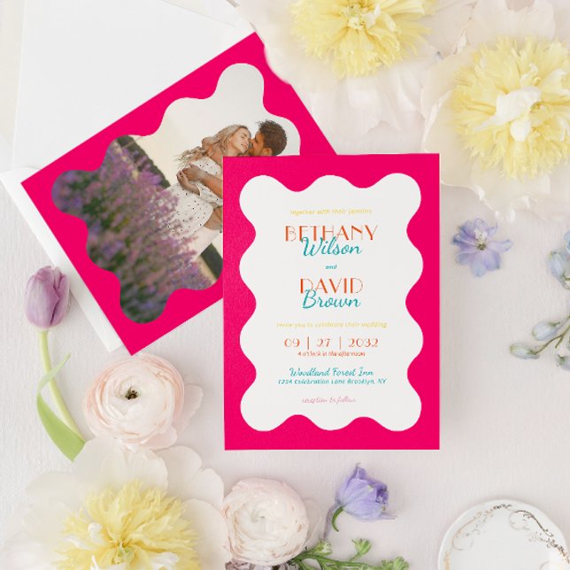 Modern Vibrant Magenta Teal Wave Photo Wedding Invitation (Creator Uploaded)
