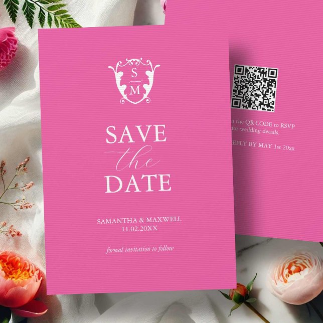 Modern Vibrant Pink Minimal Save The Date (bold fuchsia pink custom monogram wedding save the date with QR code)