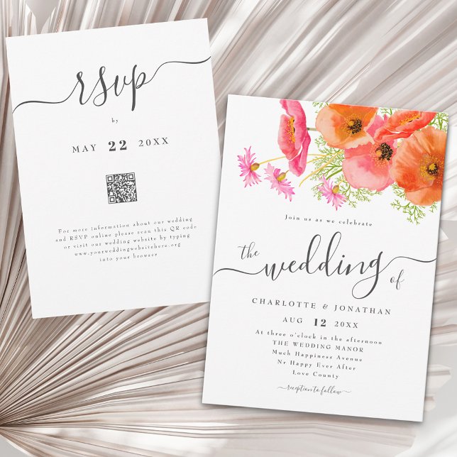 Modern Vibrant Pink Orange Floral Wedding QR Code Invitation (Modern vibrant pink orange garden floral wedding qr code invitation)