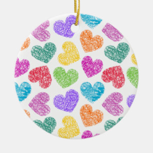 Modern Vibrant Rainbow Doodle Hearts Cute Pattern Ceramic Ornament
