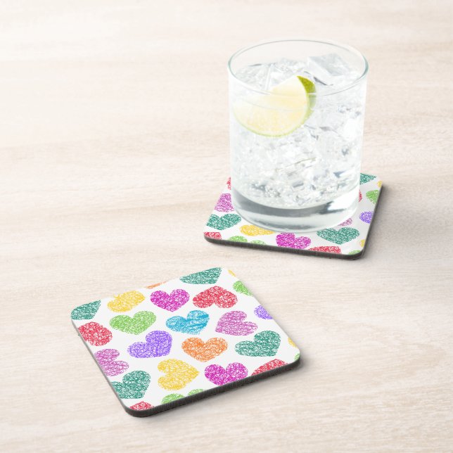 Modern Vibrant Rainbow Doodle Hearts Cute Pattern Coaster (Right Side)