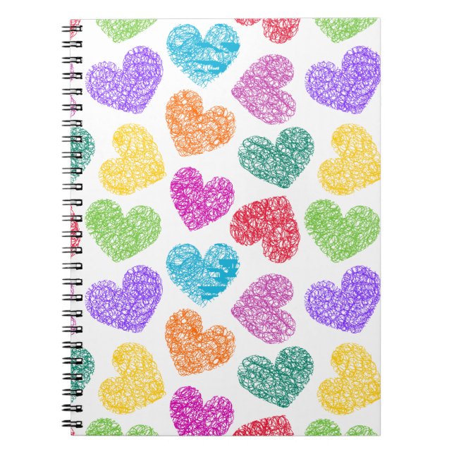 Modern Vibrant Rainbow Doodle Hearts Cute Pattern Notebook (Front)