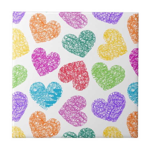 Modern Vibrant Rainbow Doodle Hearts Cute Pattern Tile (Front)