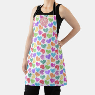 Modern Vibrant Rainbow Doodle Hearts Monogrammed Apron