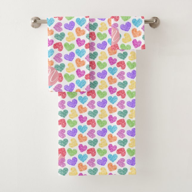 Modern Vibrant Rainbow Doodle Hearts Monogrammed Bath Towel Set (Insitu)