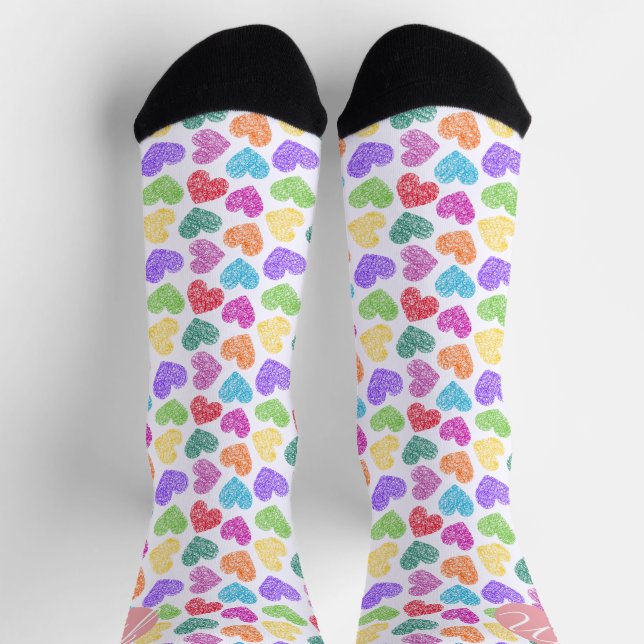Modern Vibrant Rainbow Doodle Hearts Monogrammed Socks (Top)