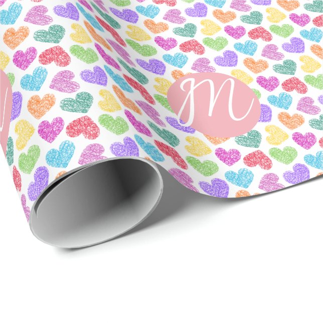Modern Vibrant Rainbow Doodle Hearts Monogrammed Wrapping Paper (Roll Corner)