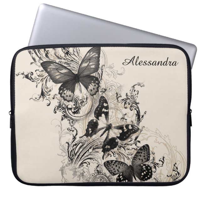Modern Victorian Black Butterfly Personalised Laptop Sleeve (Front)