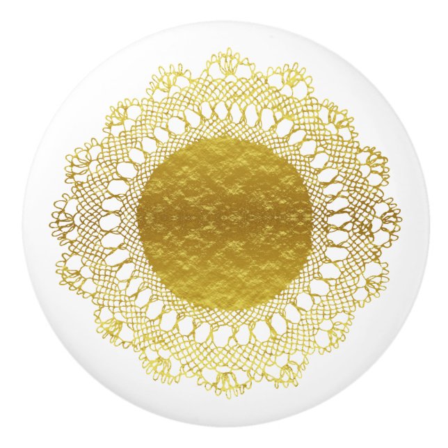 Modern Victorian Gold Foil Look Crochet Lace Doily Ceramic Knob (Front)