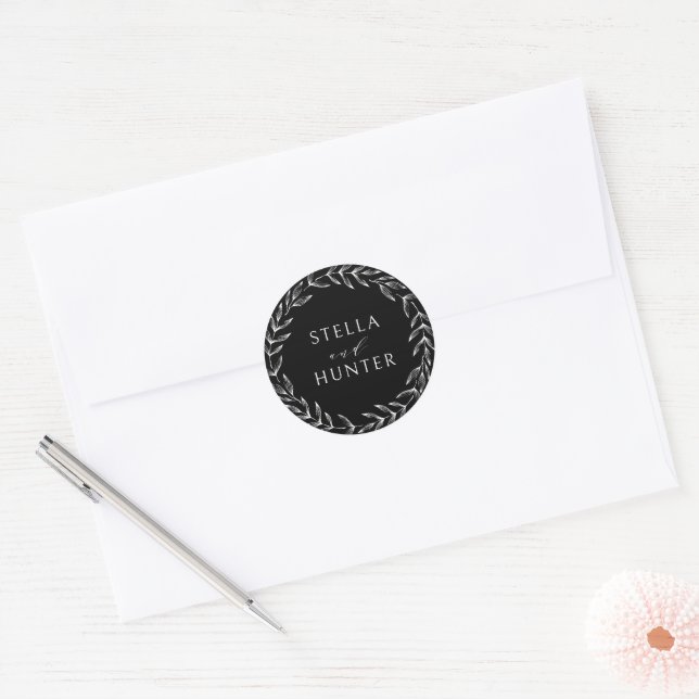 Modern Victorian Monochrome Greenery Wedding Classic Round Sticker (Envelope)