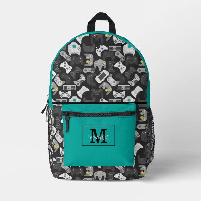Modern Video Game Gamer Pattern Monogram Printed Backpack (Front)