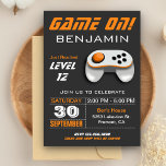 Modern Video Game Orange Kids Birthday Party Invitation<br><div class="desc">This modern kids birthday party invite features a orange and white video game controller and modern typography. Simply add your event details on this easy-to-use template to make it a one-of-a-kind invitation. Flip the card over to reveal a orange and grey stripes pattern on the back of the card.</div>