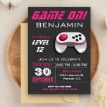 Modern Video Game Pink Kids Birthday Party Invitation<br><div class="desc">This modern kids birthday party invite features a neon pink and white video game controller and modern typography. Simply add your event details on this easy-to-use template to make it a one-of-a-kind invitation. Flip the card over to reveal a pink and grey stripes pattern on the back of the card....</div>