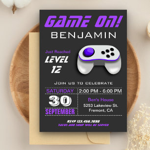 Modern Video Game Purple Kids Birthday Party Invitation