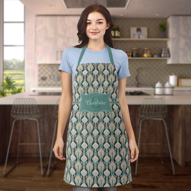 Modern Vintage Abstract Botanical Monogram Pattern Apron (Creator Uploaded)