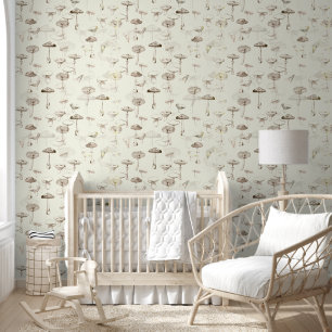 Modern Vintage Beige White Mushrooms  Wallpaper