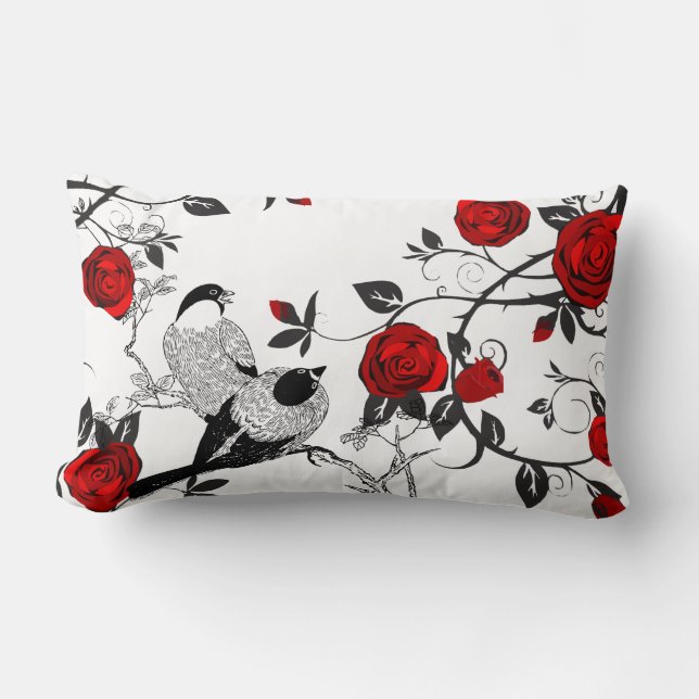 Modern Vintage Birds & Roses With Name Lumbar Cushion (Front)