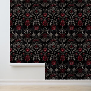 Modern Vintage Black and Red Damask Gothic Wallpaper