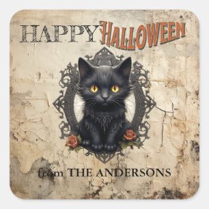 Modern Vintage Black Cat Old Paper Halloween Square Sticker