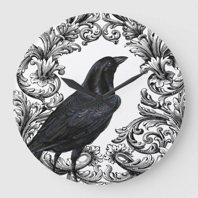 modern vintage black halloween crow large clock (Front)