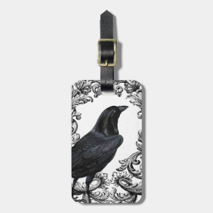 modern vintage black halloween crow luggage tag