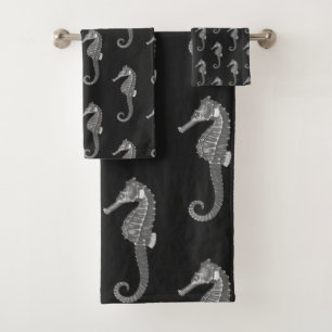 Modern Vintage Black White Seahorse Bath Towel Set