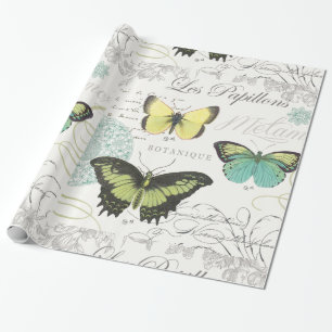 modern vintage botanical butterfiles wrapping paper