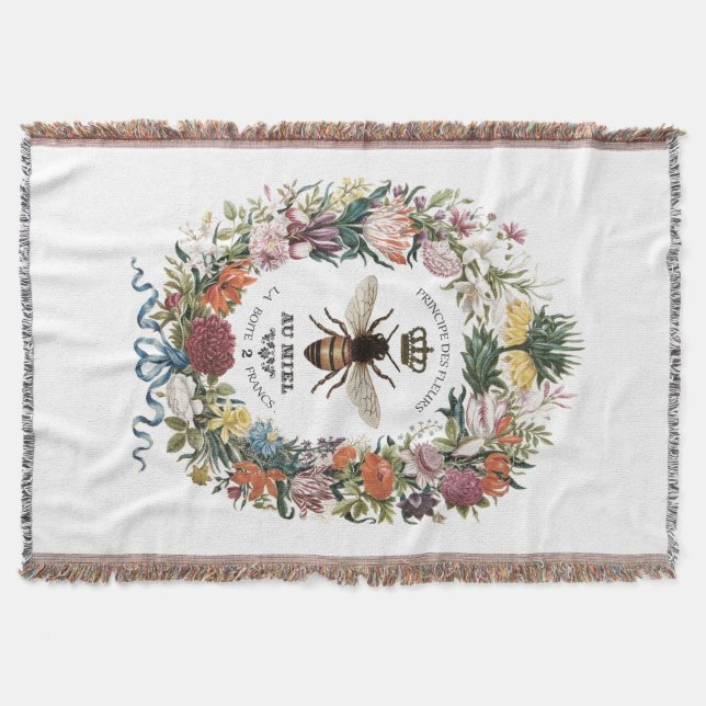 MODERN VINTAGE BOTANICAL QUEEN BEE THROW BLANKET (Front)
