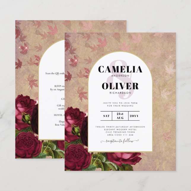 Modern Vintage Botanical Red Roses Wedding Invite (Front/Back)