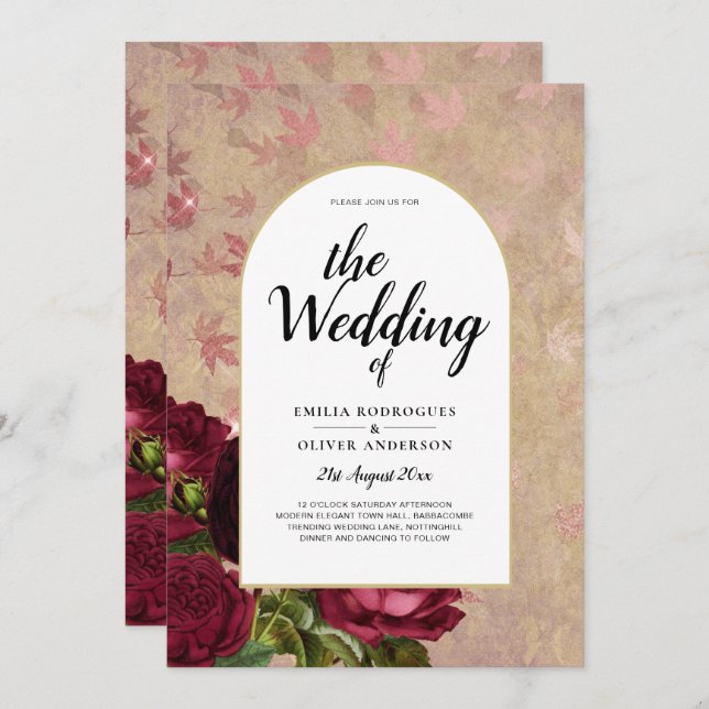 Modern Vintage Botanical Red Roses Wedding Invite (Front/Back)