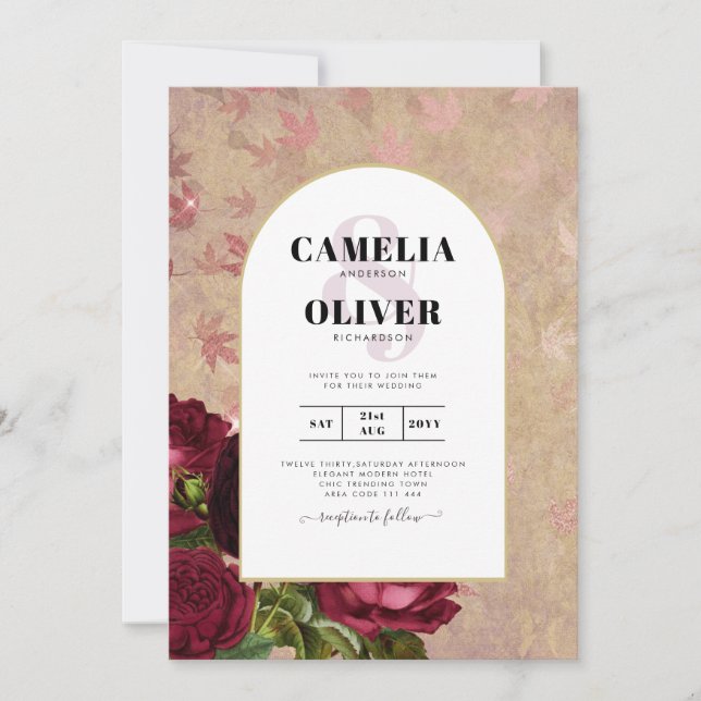 Modern Vintage Botanical Red Roses Wedding Invite (Front)