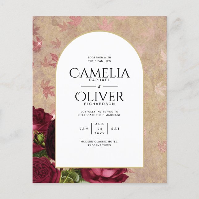 Modern Vintage Botanical Red Roses Wedding Invite Flyer (Front)