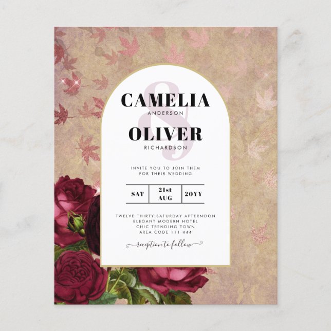 Modern Vintage Botanical Red Roses Wedding Invite Flyer (Front)