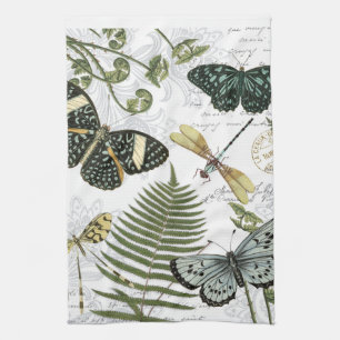 modern vintage butterflies and dragonflies tea towel