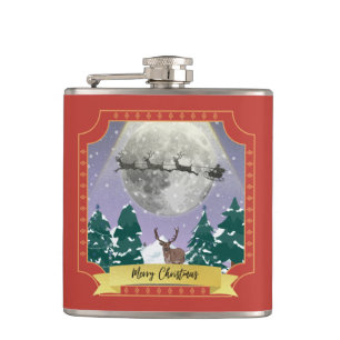 Modern Vintage Christmas Night with Santa Reindeer Hip Flask