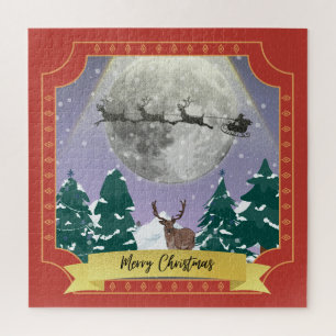 Modern Vintage Christmas Night with Santa Reindeer Jigsaw Puzzle