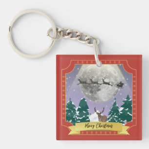 Modern Vintage Christmas Night with Santa Reindeer Key Ring