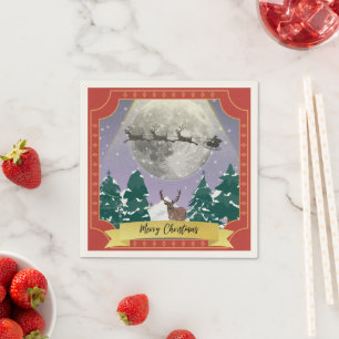 Modern Vintage Christmas Night with Santa Reindeer Napkin