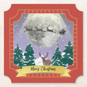 Modern Vintage Christmas Night with Santa Reindeer Paper Coaster