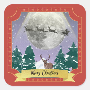 Modern Vintage Christmas Night with Santa Reindeer Square Sticker